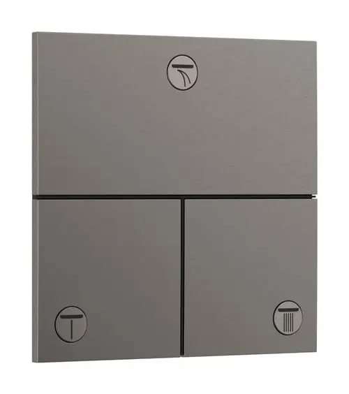 Hansgrohe Bedienfeld mit drei schaltbaren Bereichen in gebürstetem Schwarzchrom. Enthält Symbole für Wasserfluss, Temperatur und eine Müllentsorgung.